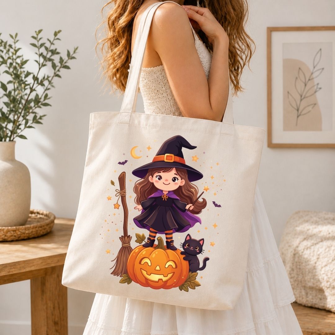 A woman wearing a white dress carries a cream canvas tote bag with a cute cartoon witch illustration featuring a pumpkin, broomstick, and black cat in a cozy indoor setting.