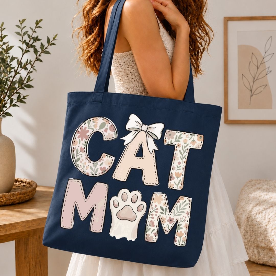 Navy Blue Canvas Tote Bag, Floral Cat Mom Book Bag, Coquette Bow Aesthetic Cat Lover Shoulder Bag, Reusable Cotton Grocery Tote