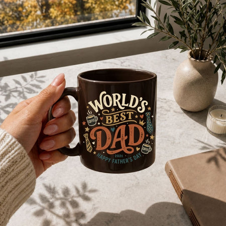 Hand holding a 'World's Best Dad' mug on a table with a window and plant in the background