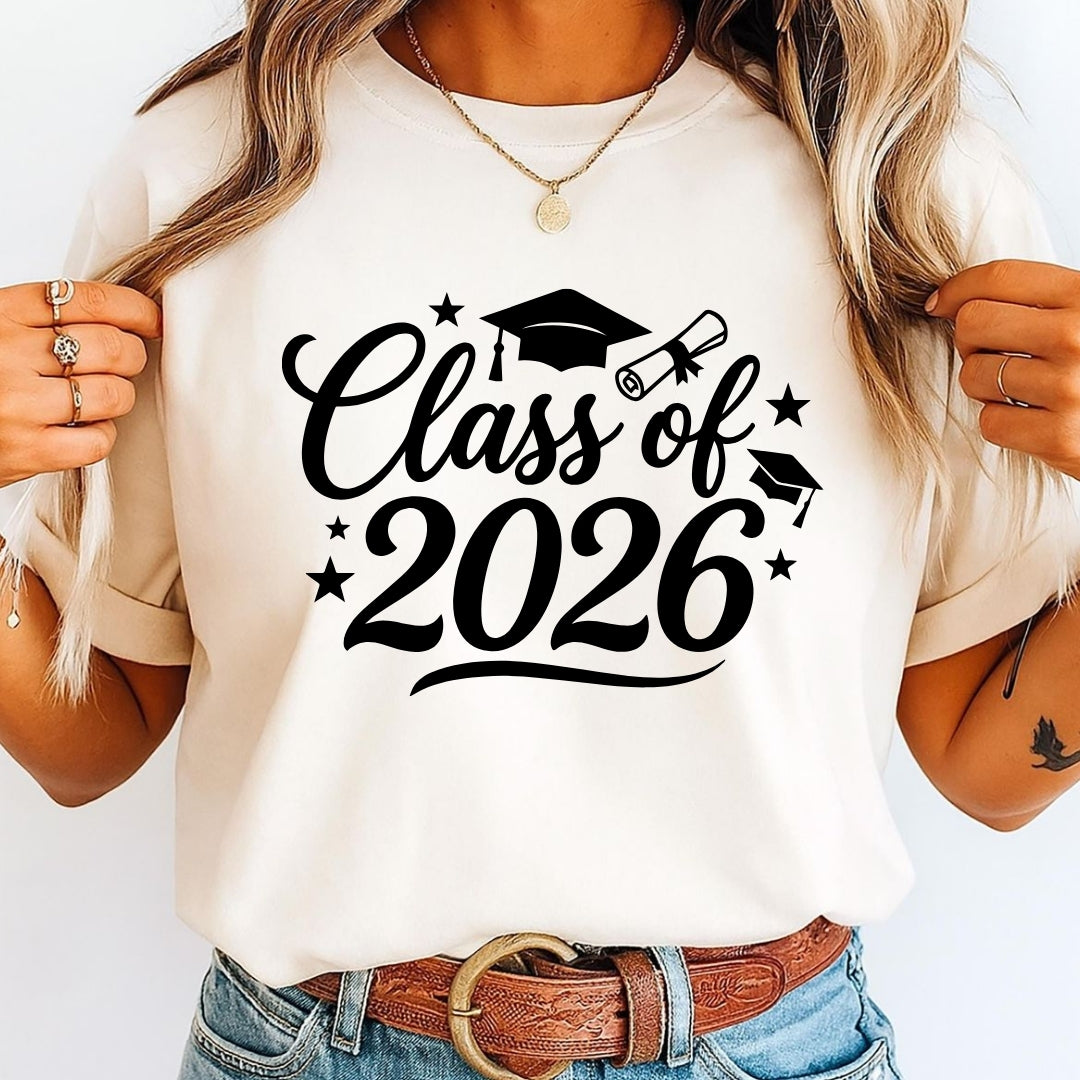 Person wearing a white t-shirt with 'Class of 2026' text, holding the shirt open.