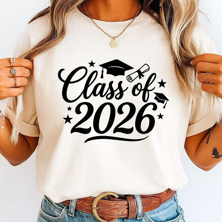 Person wearing a white t-shirt with 'Class of 2026' text, holding the shirt open.