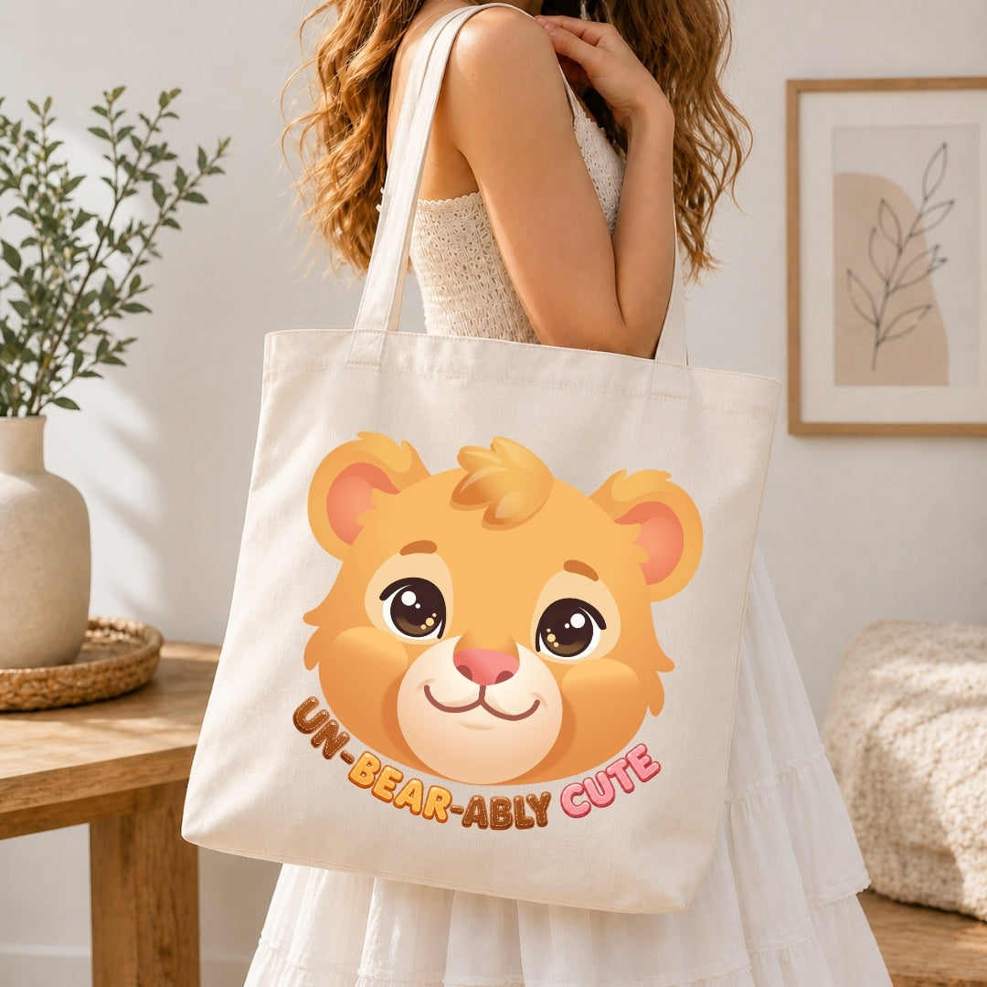 Woman carrying a cream-colored canvas tote bag over her shoulder featuring the adorable bear illustration and Un-Bear-Ably Cute text.