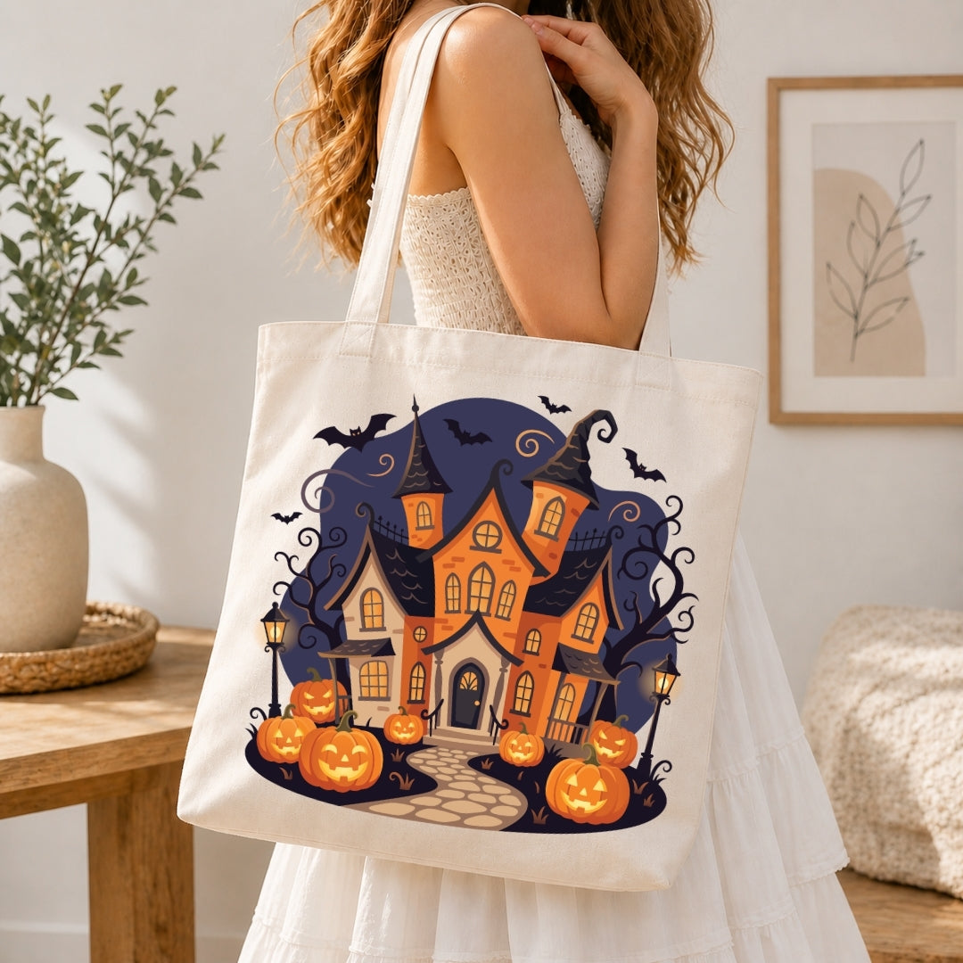 A woman in a white dress carries a large cream canvas tote bag featuring a colorful Halloween illustration of a haunted house, pumpkins, bats, and bats against a dark blue sky.