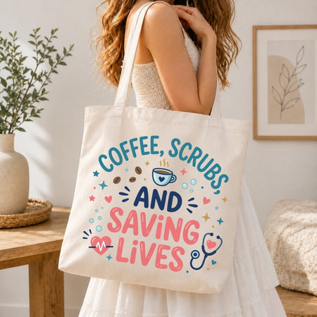 A woman in a white dress carries a cream canvas tote bag with the text 'COFFEE, SCRUBS AND SAVING LIVES' in blue and pink lettering, decorated with coffee cups, hearts, and a stethoscope. The scene is set in a bright, modern room with a wooden table, potted plant, and framed art.