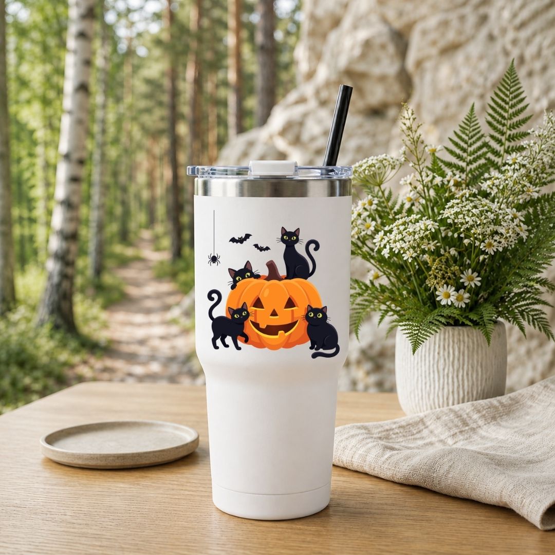 White travel tumbler with a black straw featuring a cute Halloween black cats and pumpkin graphic, set outdoors on a wooden table with a forest background