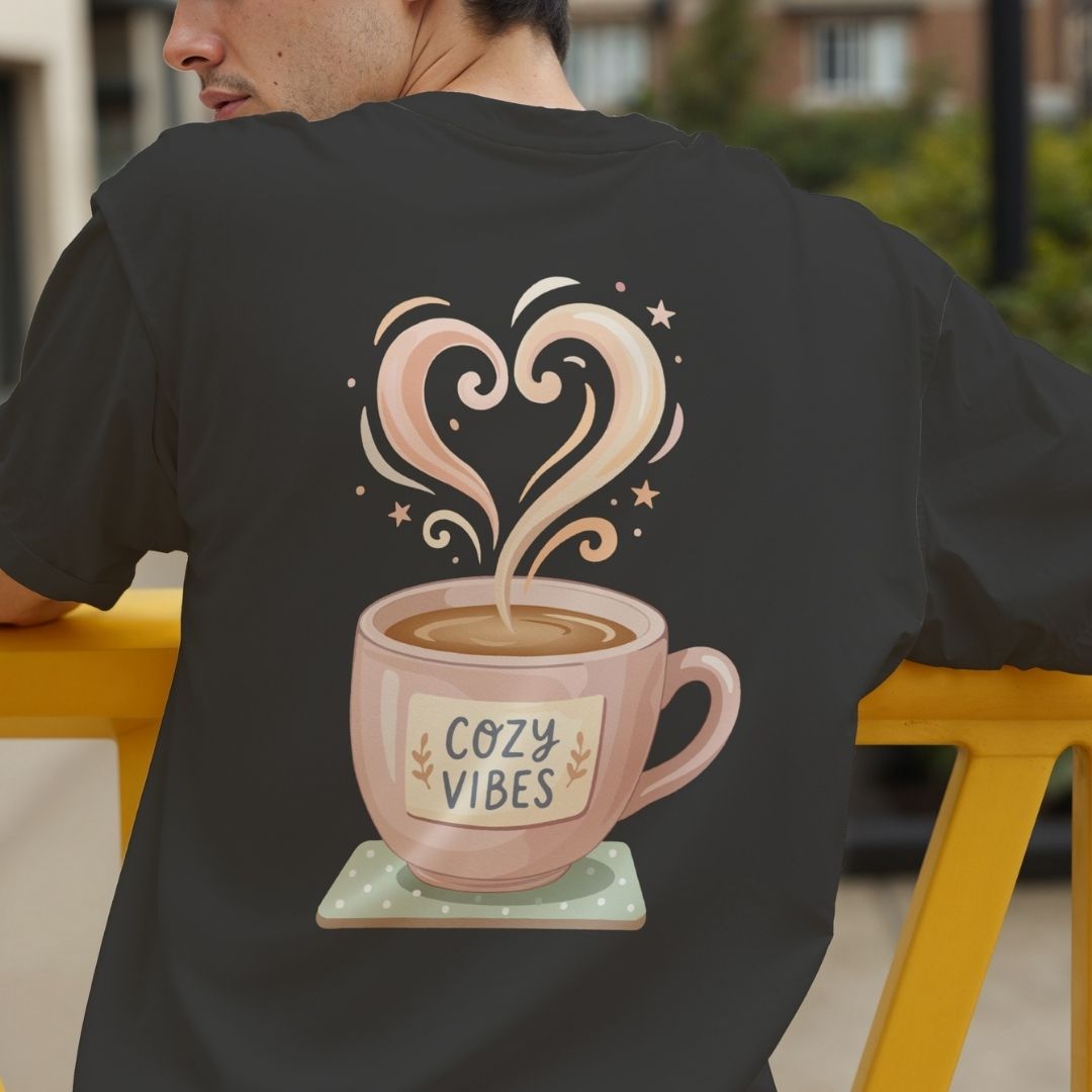 Person wearing a black t-shirt with a coffee cup design and 'Cozy Vibes' text.