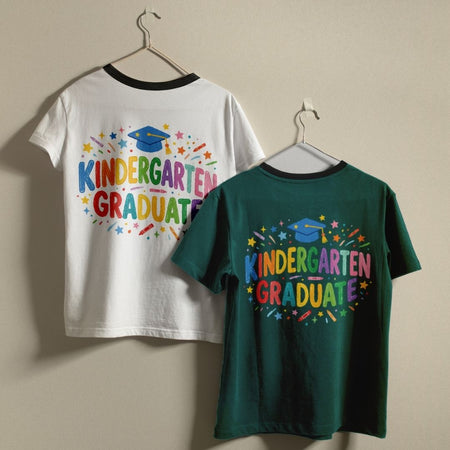 Two t-shirts with 'Kindergarten Graduate' text on hangers against a beige background