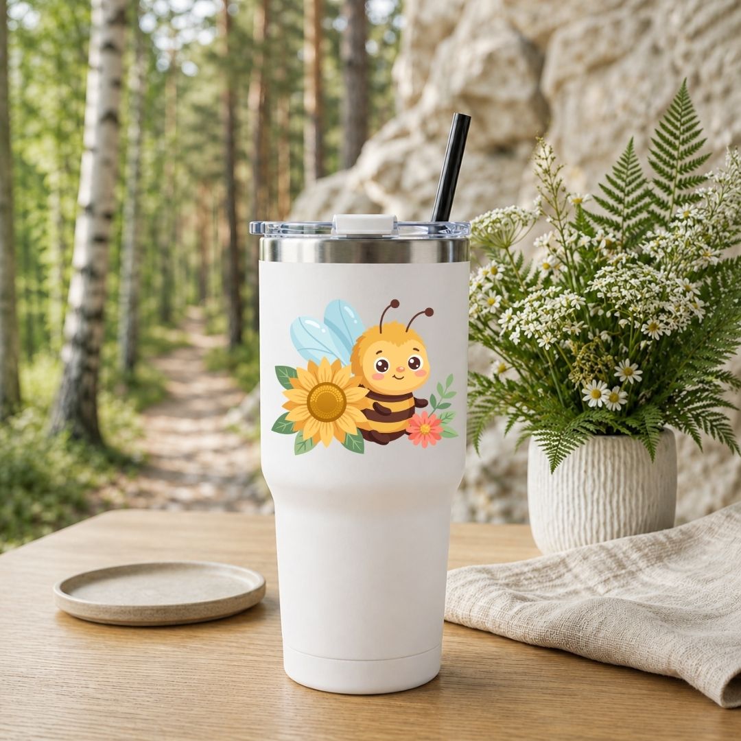 A white insulated tumbler with a clear lid and black straw, featuring a cute cartoon bee, sunflower, and flower graphic, set on a wooden table in a forest path scene with a potted fern in the background.