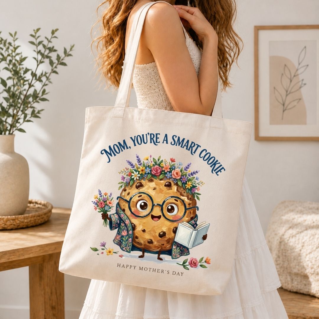 Mom You're a Smart Cookie Canvas Tote Bag, Cute Flower Crown Cookie Book Bag, Reusable Cotton Shoulder Bag, Mother's Day Grocery Bag
