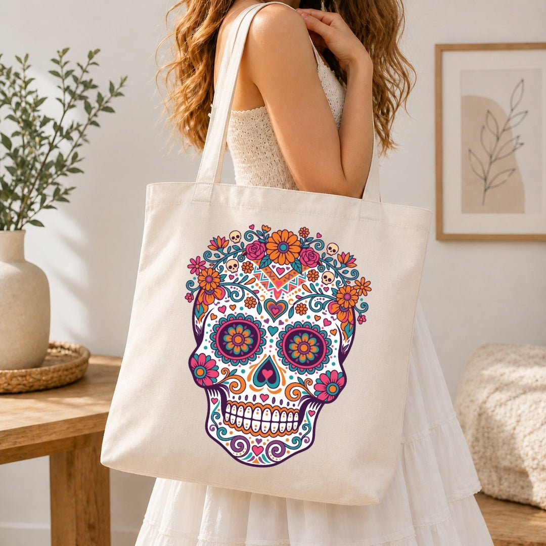 A woman wearing a white dress carries a cream canvas tote bag decorated with a colorful sugar skull design featuring flowers and intricate patterns. The setting is a bright, modern room with a wooden table, potted plant, and framed wall art.