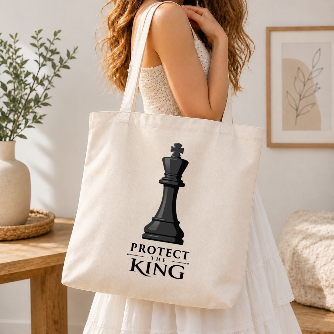 Chess King Canvas Tote Bag, Protect the King Book Bag, Aesthetic Chess Lover Shoulder Bag, Minimalist Chess Graphic Grocery Tote