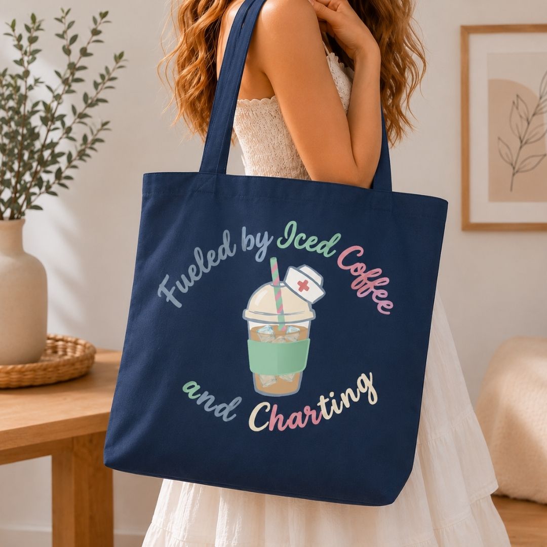 Nurse Tote Bag Graphic File, Funny Medical Assistant SVG, Charting and Iced Coffee Clipart PNG