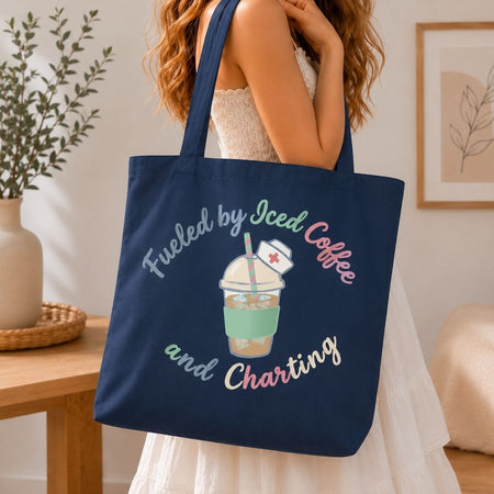 Nurse Tote Bag Graphic File, Funny Medical Assistant SVG, Charting and Iced Coffee Clipart PNG