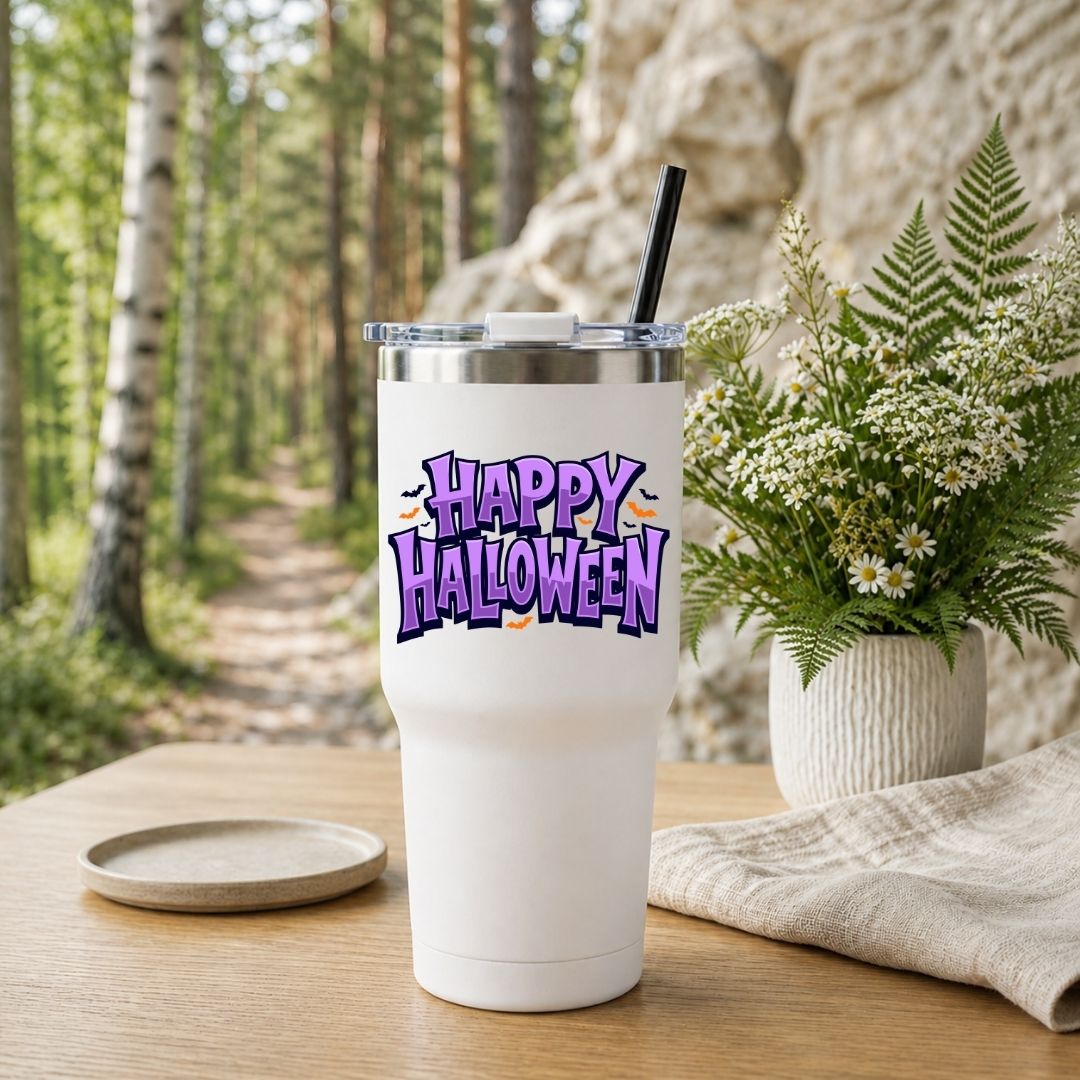 White travel tumbler with a black straw featuring a purple "Happy Halloween" design, placed outdoors near a nature path.