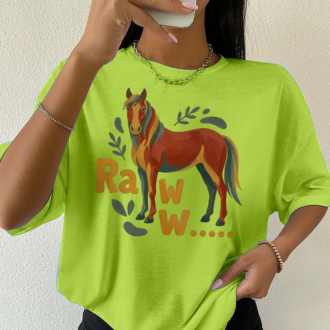 Person wearing a bright green t-shirt with a horse graphic and text.