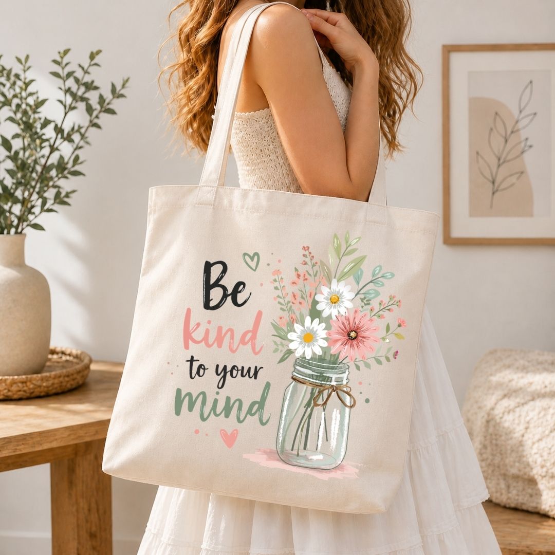Self Care Tote Bag Graphic File, Floral Kindness Quote SVG, Mental Health Sublimation PNG