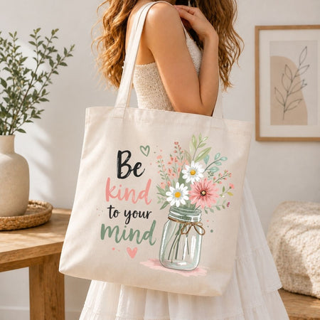 Self Care Tote Bag Graphic File, Floral Kindness Quote SVG, Mental Health Sublimation PNG
