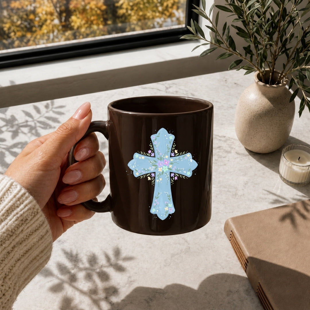 Christian Floral Cross PNG | Religious Ceramic Coffee Mug Sublimation Wrap