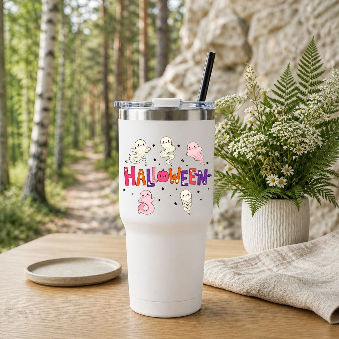A white insulated tumbler with a clear lid and black straw, printed with cute cartoon ghosts and the word “HALLOWEEN” in colorful letters, set on a wooden table outdoors with a blurred forest and rock background, next to a potted fern and a small dish.