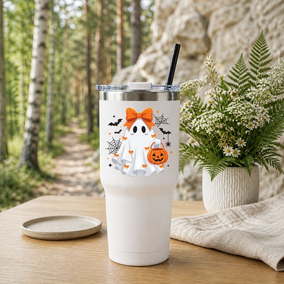 White travel tumbler with a black straw featuring a cute Halloween ghost graphic, set outdoors on a wooden table with a forest background.