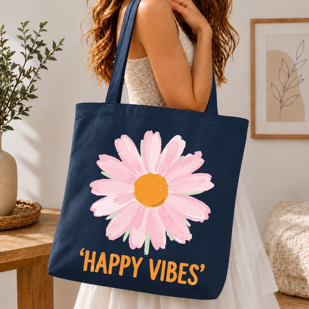 A navy blue canvas tote bag with a large pink daisy graphic and the text 'HAPPY VIBES' in orange, carried by a woman in a white dress in a bright indoor setting.