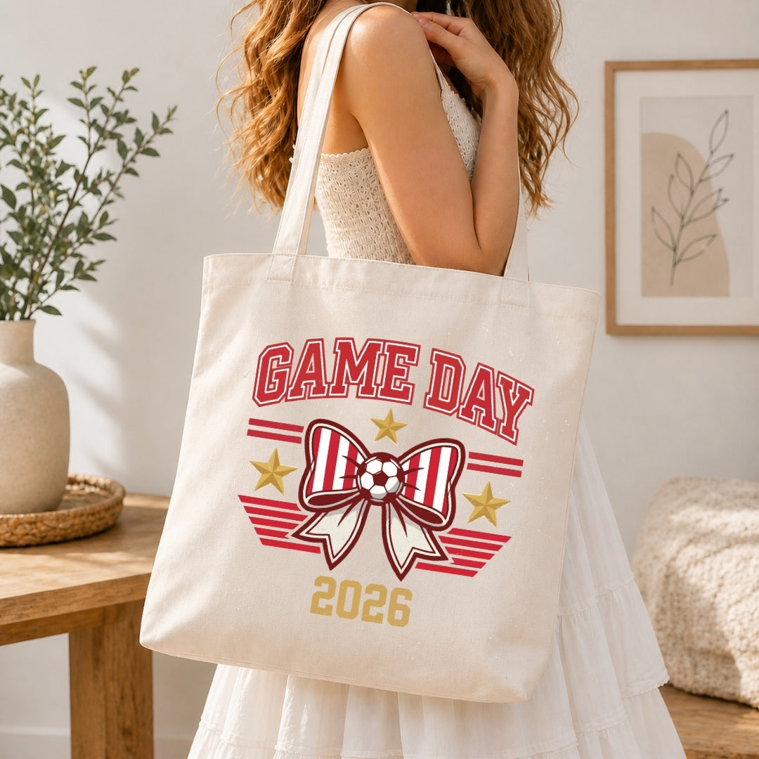 Game Day 2026 Canvas Tote Bag, Cute Soccer Bow Book Bag, Reusable Cotton Shoulder Bag, Navy Blue Grocery Tote