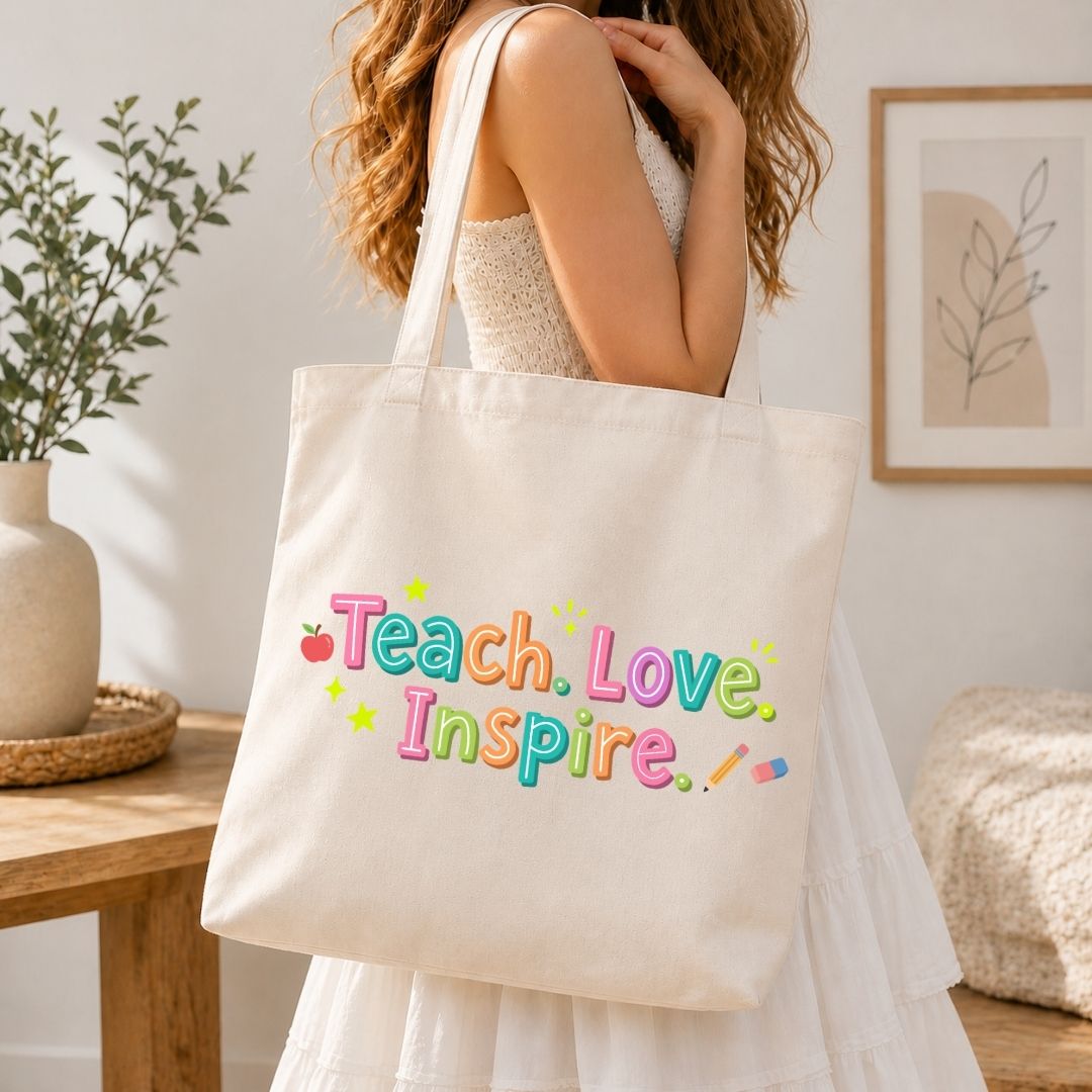 School Book Tote Bag Graphic File, Teach Love Inspire SVG, Cute Elementary Educator Clipart PNG