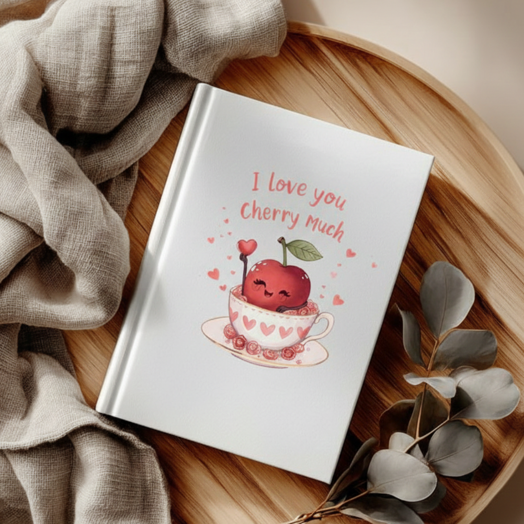 Notebook with cherry illustration and 'I love you cherry much' text on a wooden tray.