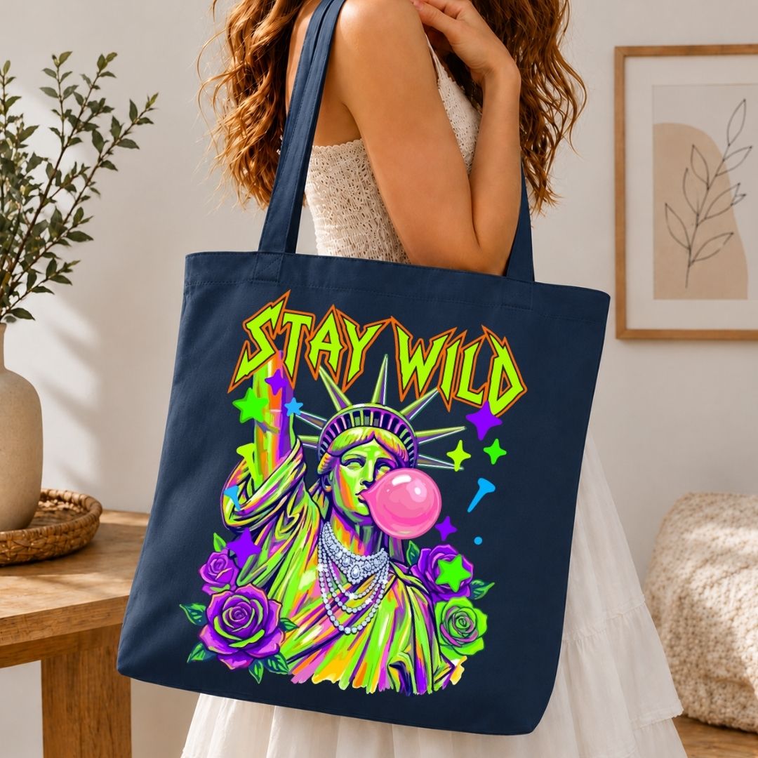 Neon Stay Wild Statue of Liberty PNG | Navy Tote Bag Sublimation Design