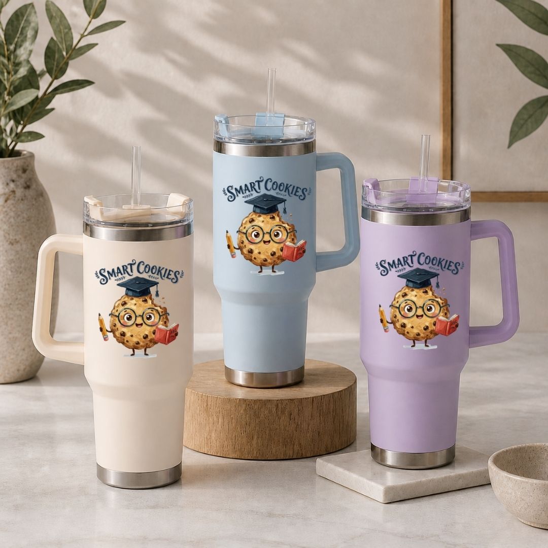 Smart Cookies 40oz Travel Tumbler with Handle, Insulated Graduation Cookie Straw Cup, Pastel Cream and Blue Travel Mugs for Teachers