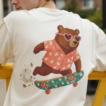 Person wearing a t-shirt with a bear graphic on the back
