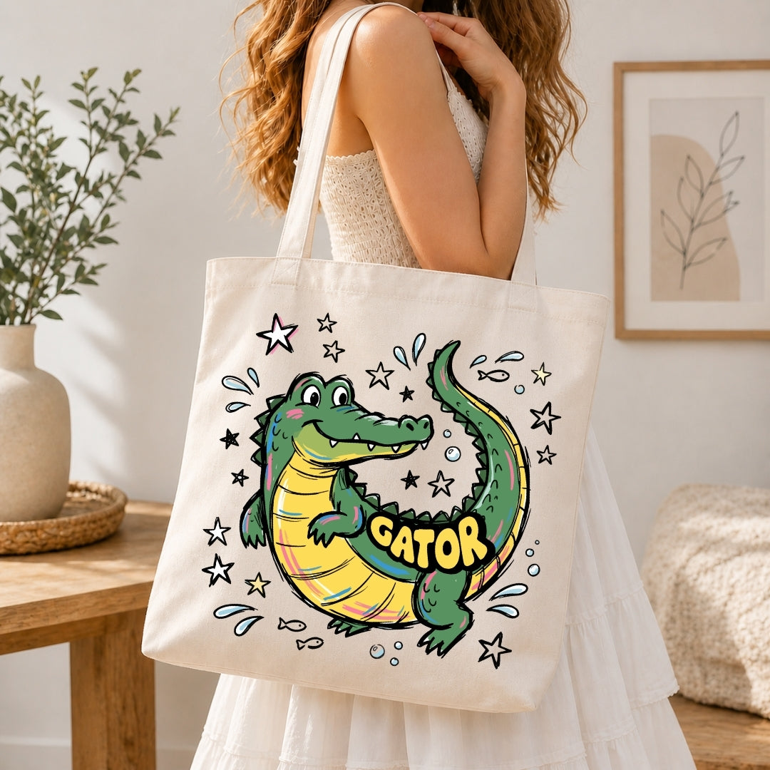 Aesthetic Canvas Tote Bag with Cartoon Alligator Print