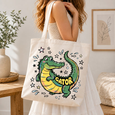 Aesthetic Canvas Tote Bag with Cartoon Alligator Print