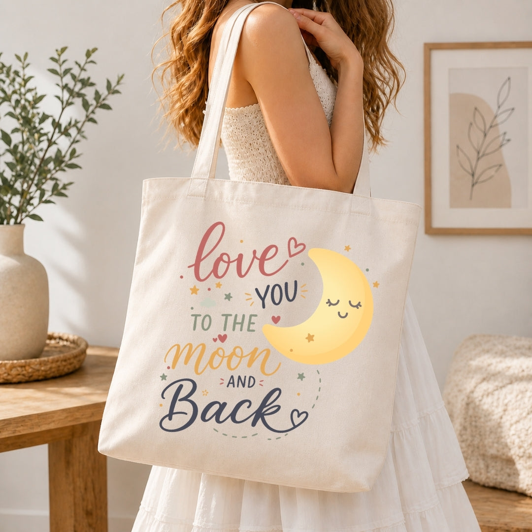 A woman holding a cream-colored tote bag printed with a moon graphic and the text "Love you to the moon and back."