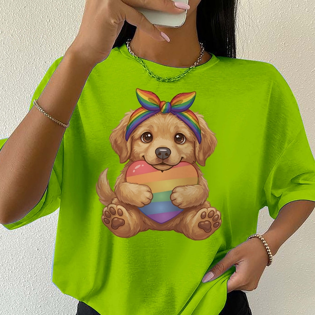 Person wearing a bright green t-shirt with a colorful dog graphic design.