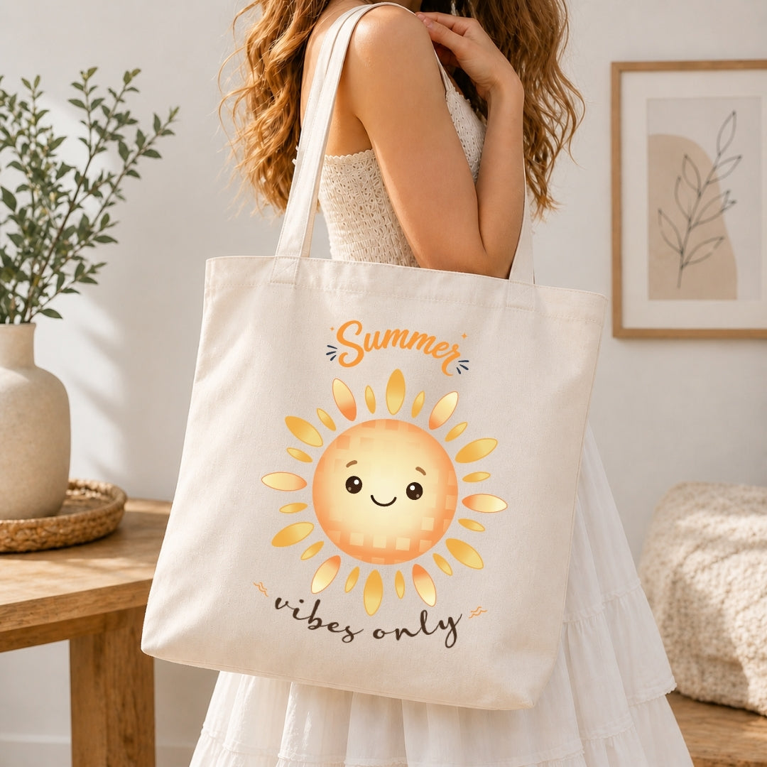 A woman holding a cream-colored tote bag printed with a happy cartoon sun graphic and the text "Summer vibes only".