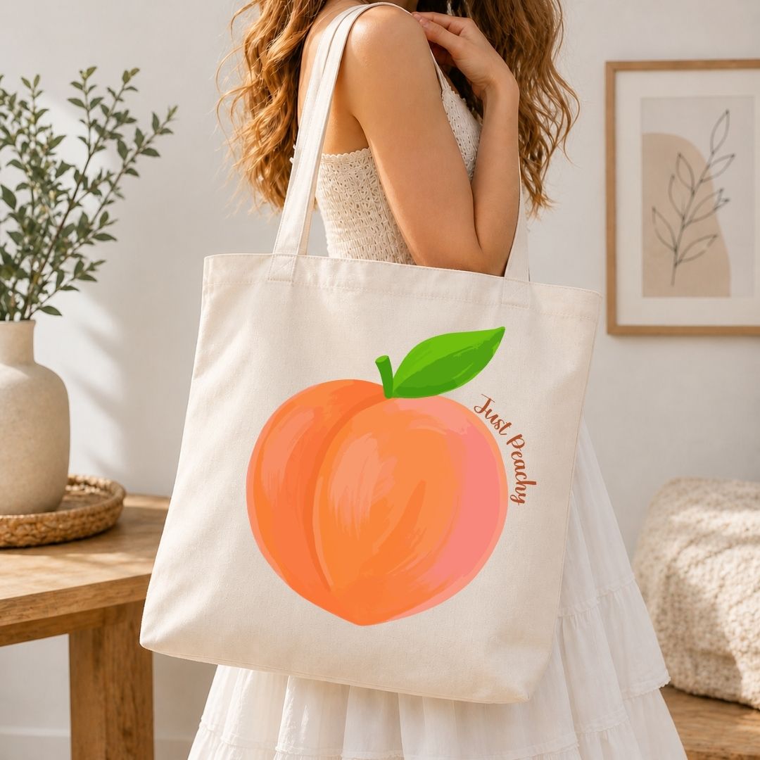 Summer Farmers Market Tote Bag Design, Cute Peach Fruit SVG, Just Peachy Clipart PNG