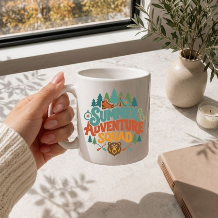 Summer Adventure Squad Coffee Mug, Retro Camping Bear Ceramic Cup, Nature Lover Hiking Gift, Adventure Club Office Drinkware