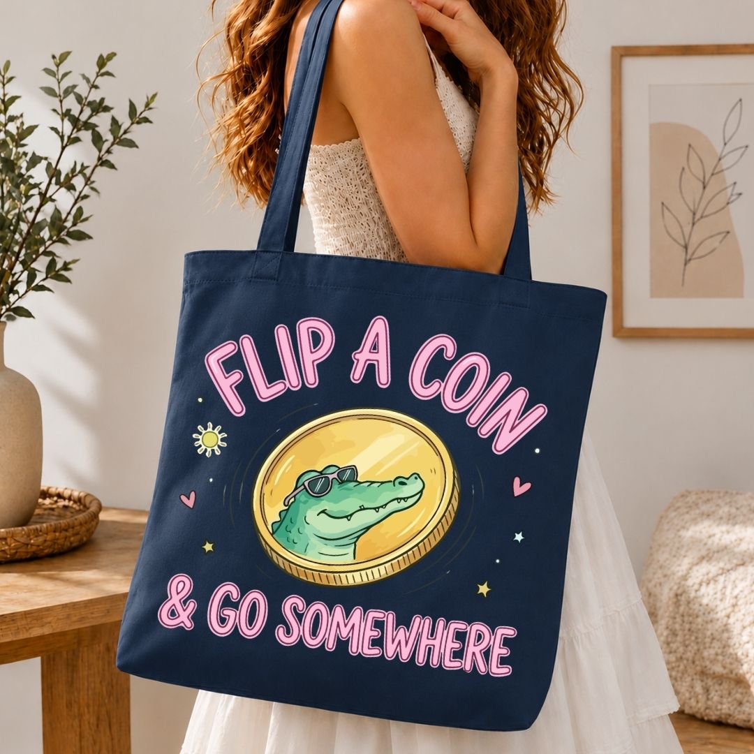 Aesthetic Navy Blue Canvas Tote Bag with Alligator Coin Graphic