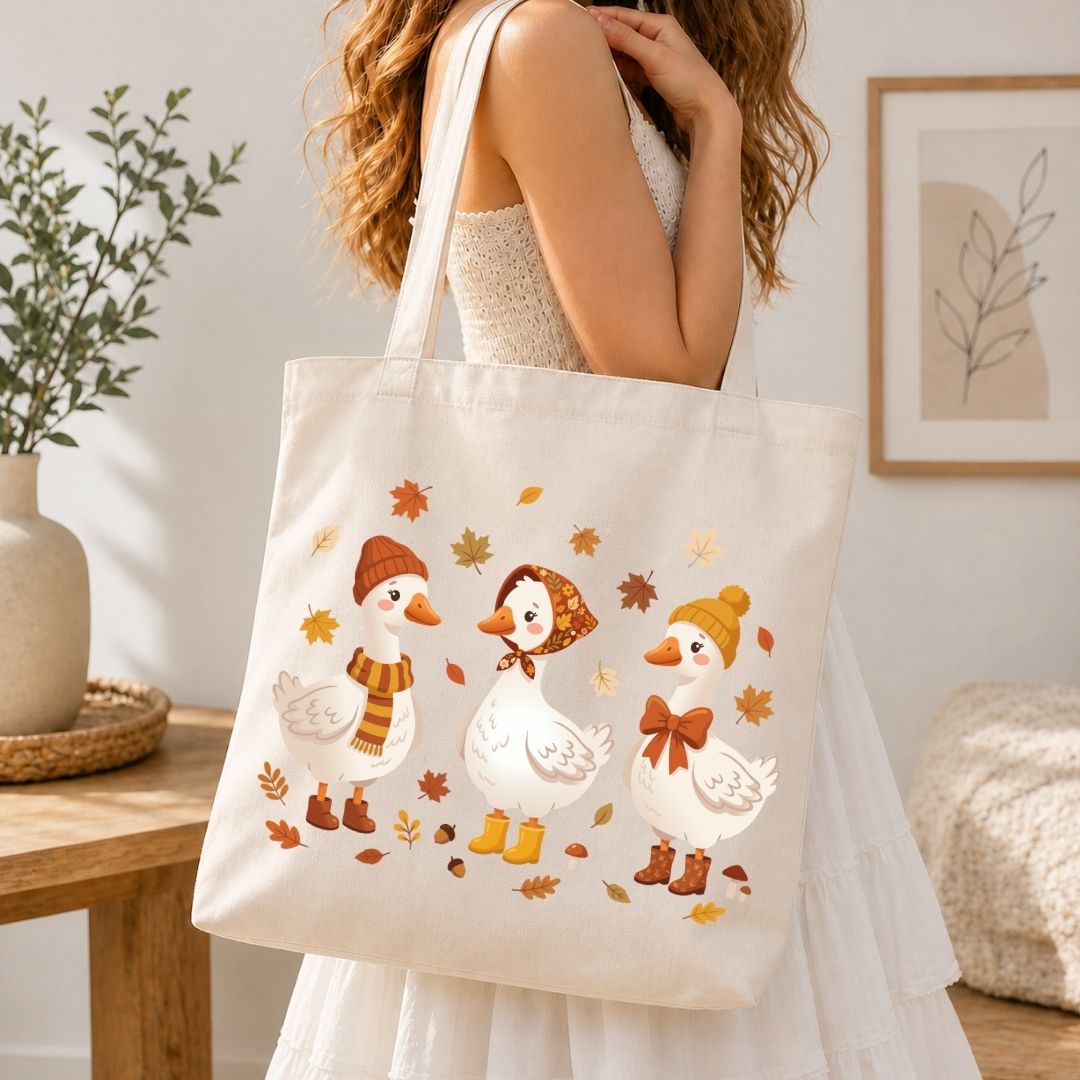 A woman holds a cream canvas tote bag featuring a cute illustration of three white ducks wearing orange and brown autumn hats and scarves, surrounded by falling leaves. The scene is set in a warm, cozy room with a wooden table, potted plant, and framed art in the background.