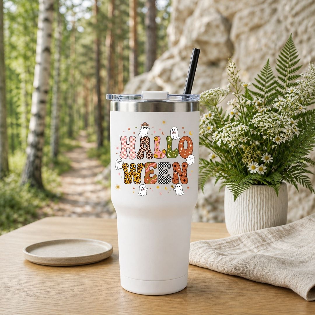 A white insulated tumbler with a clear lid and black straw sits on a wooden table outdoors. The tumbler is printed with the word "HALLOWEEN" in patterned letters and small ghost illustrations.
