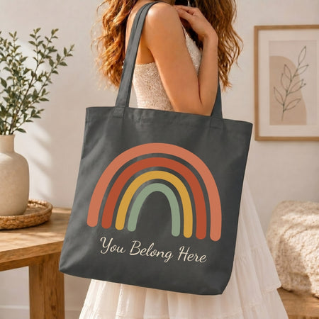 Aesthetic Charcoal Gray Canvas Tote Bag with Rainbow Print
