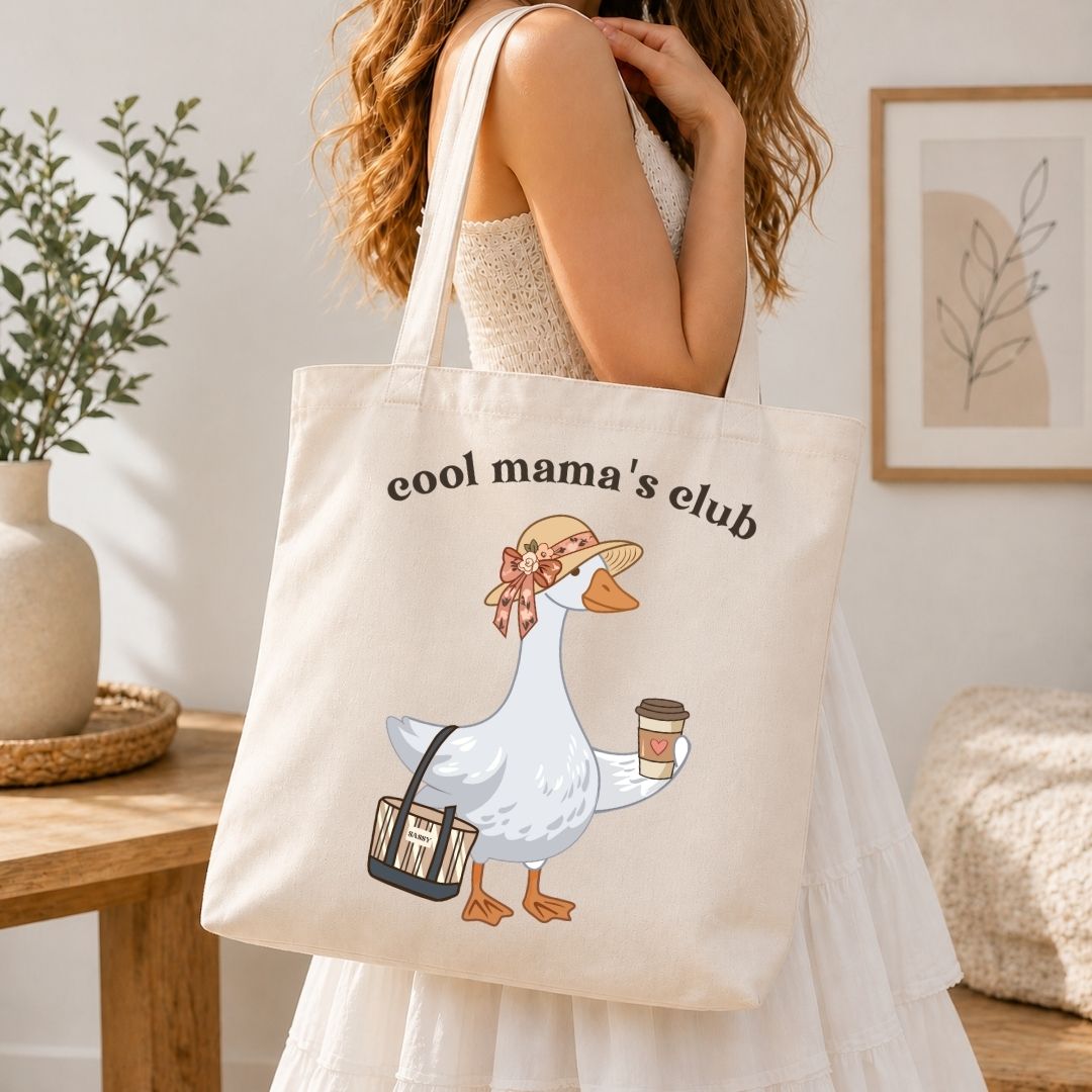 Canvas Tote Bag, Cool Mama's Club Book Bag, Cute Goose and Coffee Shoulder Bag, Reusable Cotton Grocery Beach Tote