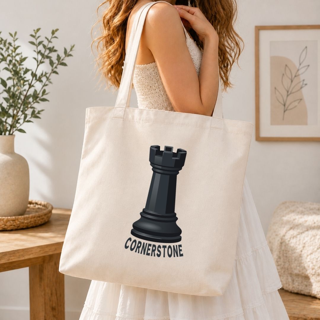 Cornerstone Chess Rook Canvas Tote Bag, Minimalist Chess Piece Book Bag, Aesthetic Shoulder Bag for Chess Lovers, Reusable Grocery Tote