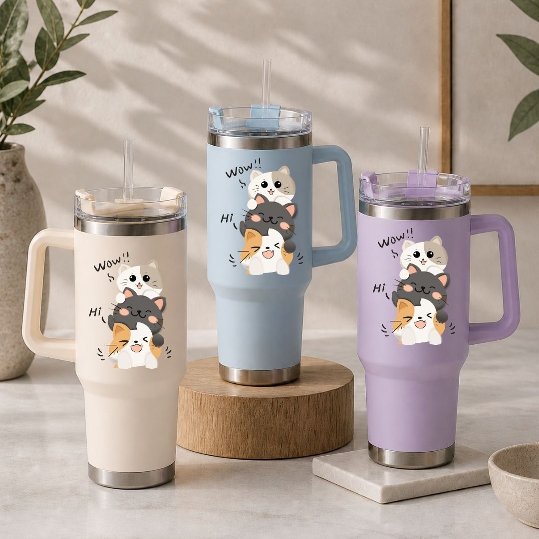 Funny Cartoon Cat Tumbler Wrap PNG, Kawaii Kitten 40oz Cup Design, Digital Download File