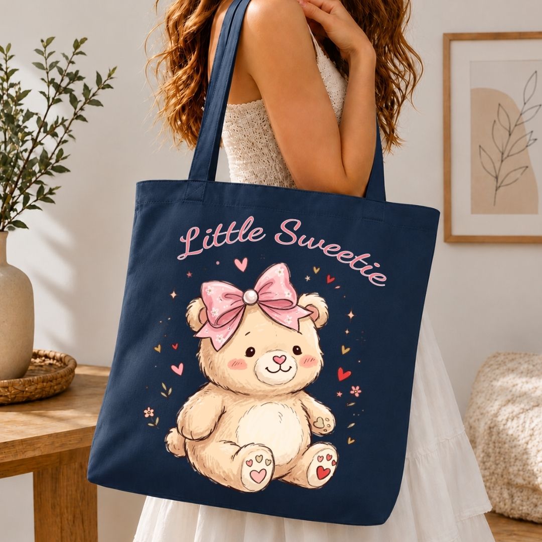 Aesthetic Navy Blue Canvas Tote Bag with Teddy Bear Print