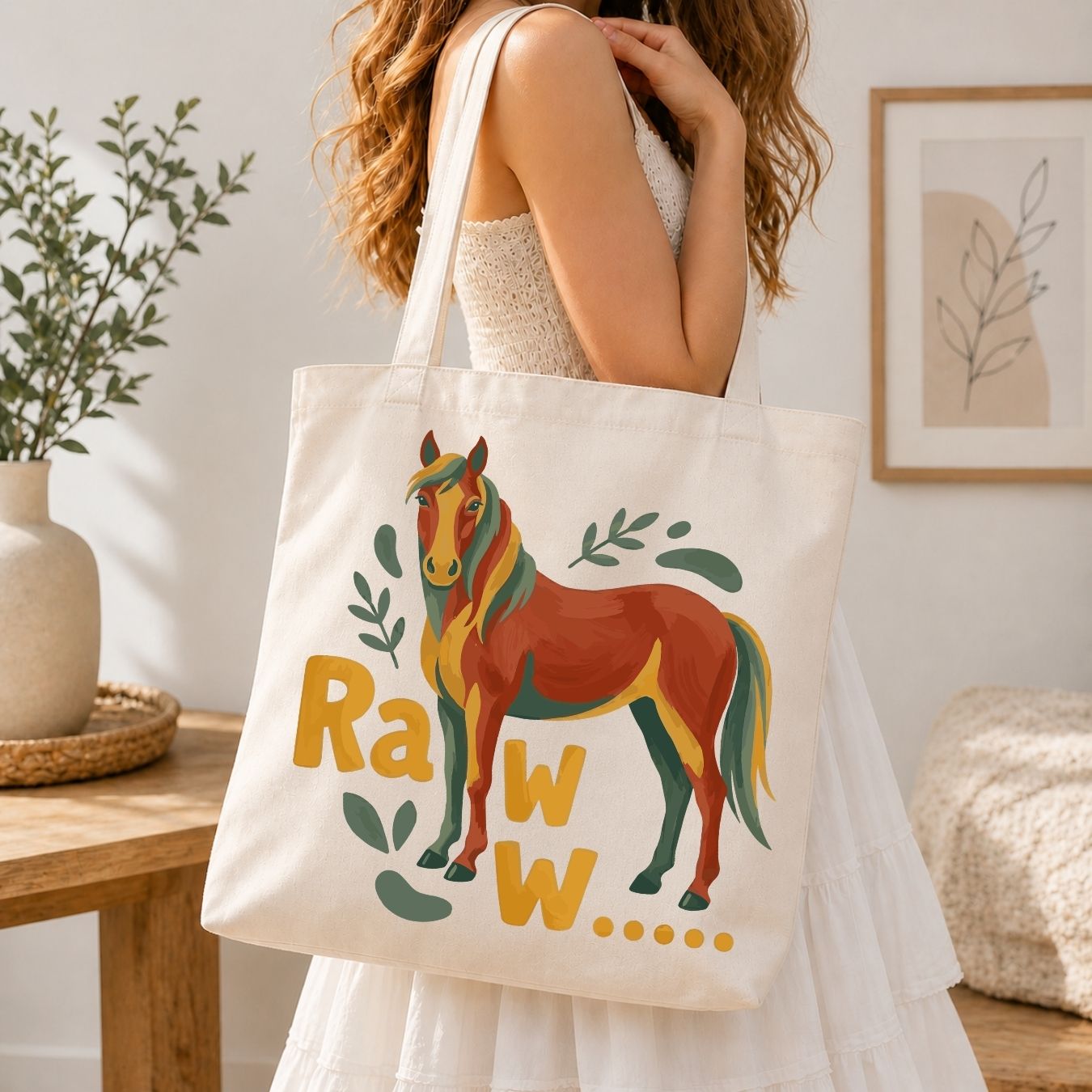 A woman carrying a cream-colored canvas tote bag over her shoulder, printed with a large chestnut and olive green horse illustration.
