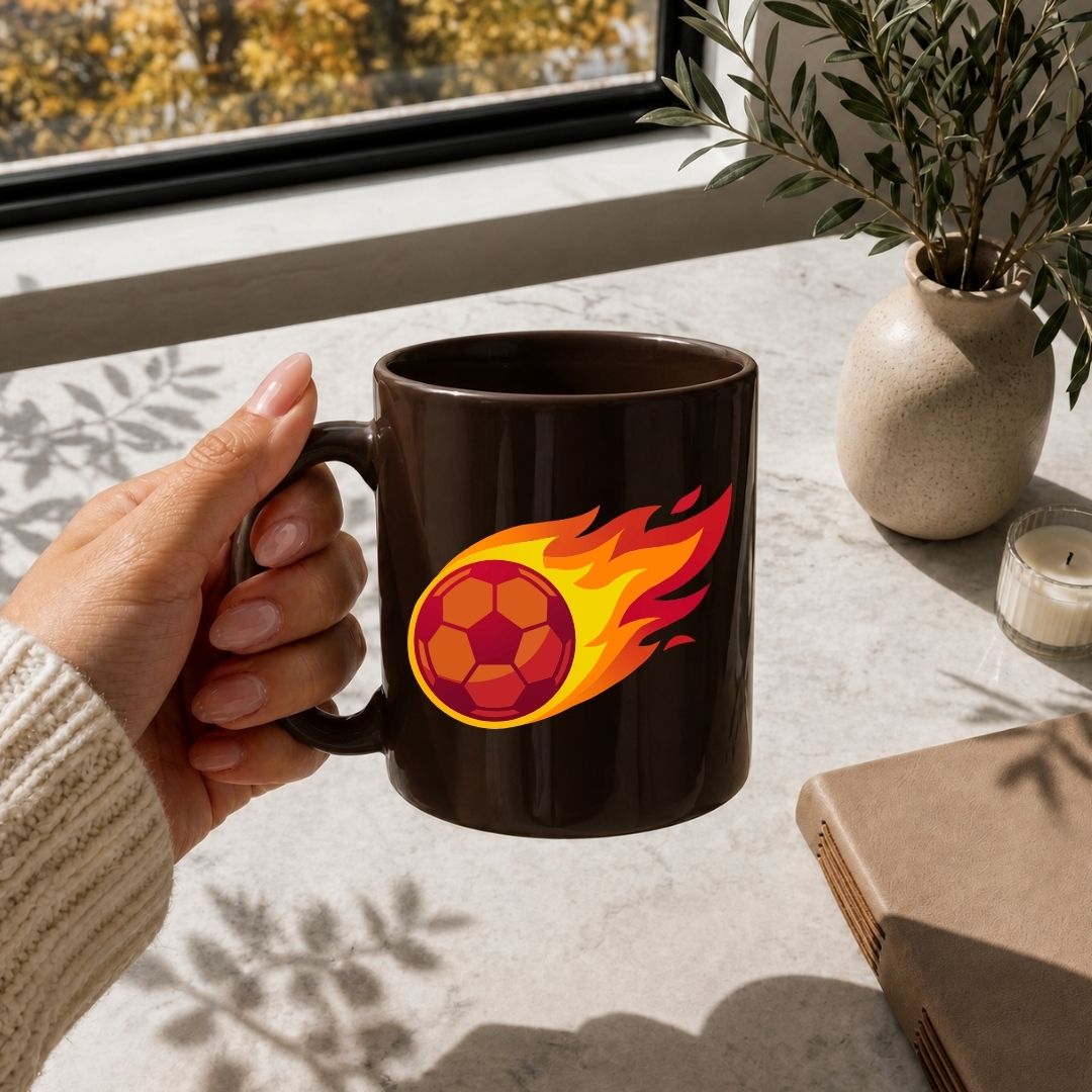 A hand holding a dark brown ceramic mug by a sunny window, featuring a glossy graphic design of a red soccer ball flying across with fiery trails.