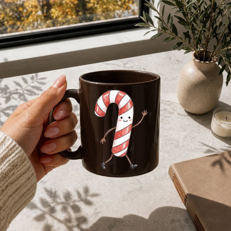 A hand holds a dark brown ceramic mug featuring a cartoon candy cane character with red and white stripes, set on a light stone table near a window with a potted plant and candle in the background.