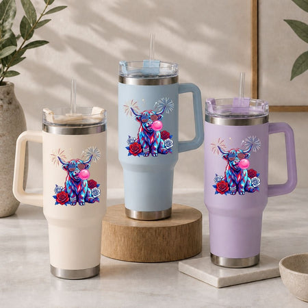 Patriotic 40oz Tumbler Wrap PNG, Bubblegum Highland Cow Cup Graphics, Summer Holiday Digital Download
